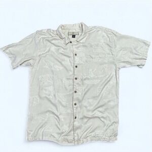 Tommy Bahama Silk Camp Shirt XL Beige Palm Floral Jacquard Relaxed‎ Fit Island